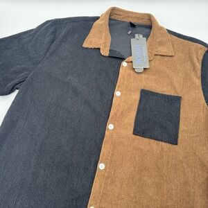 NWT Romwe Men's Large Black Brown Corduroy Color Block Button Up S/S Shirt